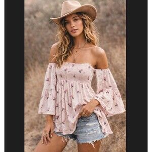 Free People XS Off Shoulder Floral Smocked Tunic Top Pink Lana Cottage Romantic